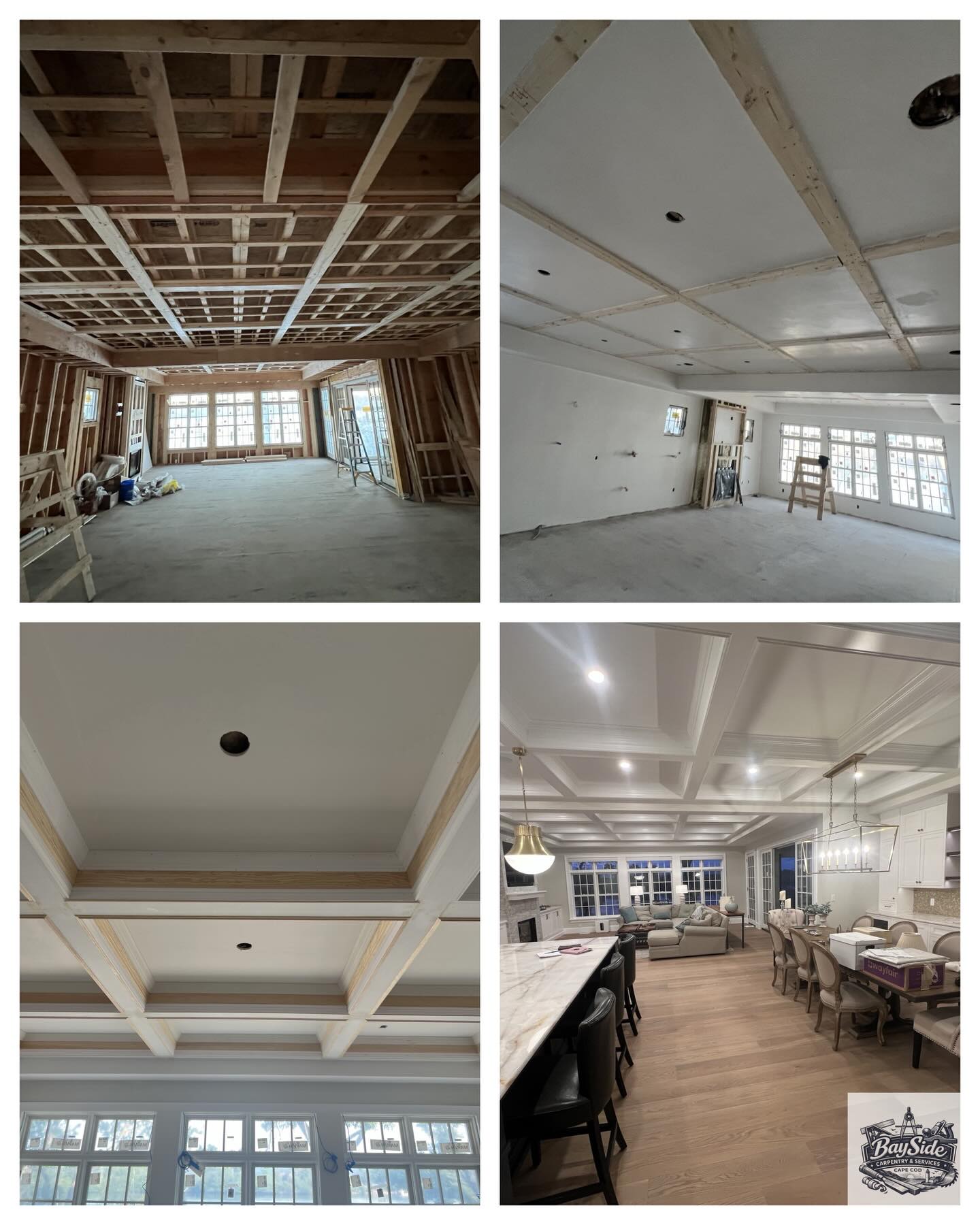 Four stages of a coffered ceiling project.