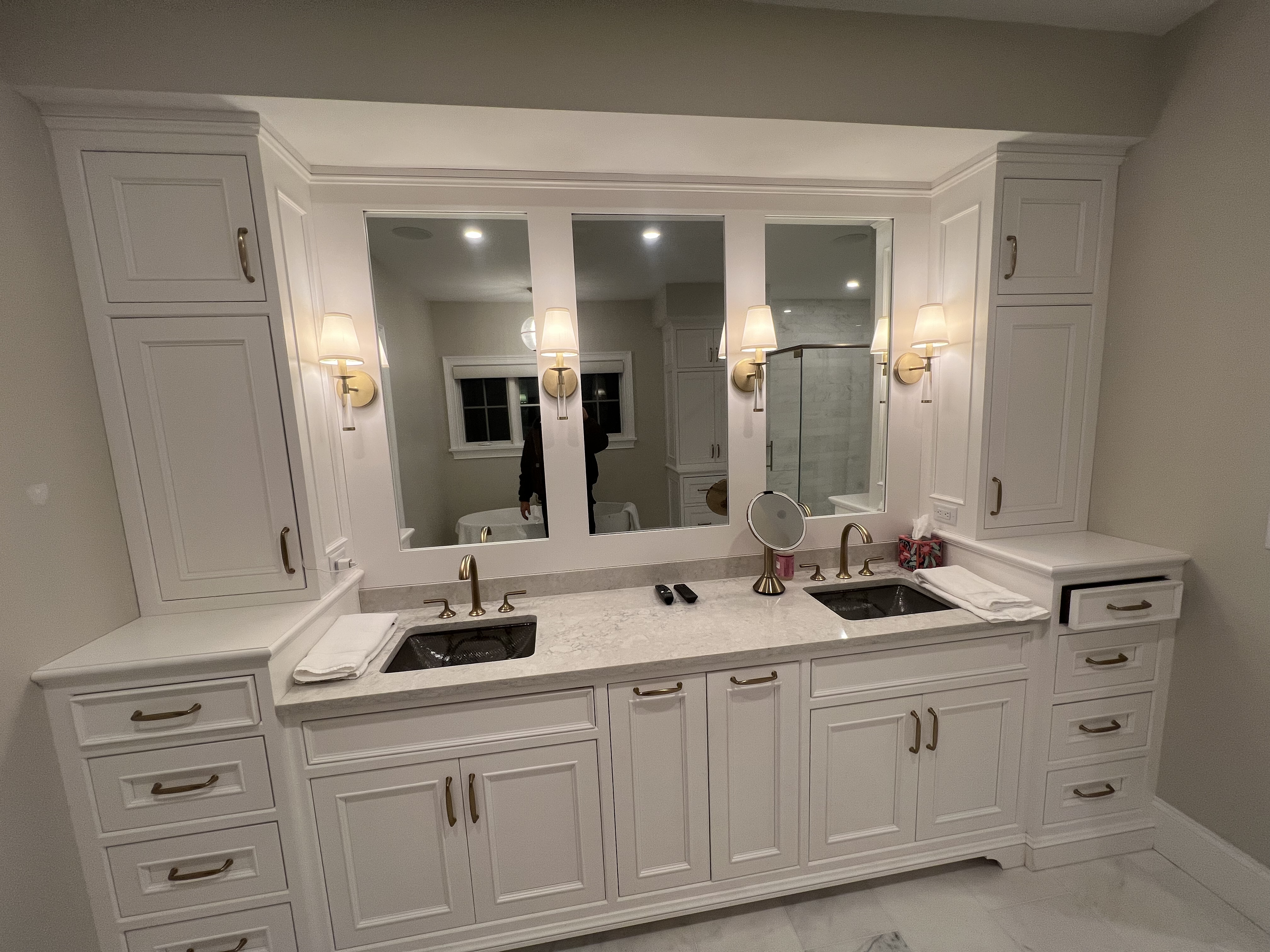 Double-vanity cabinetry and storage.